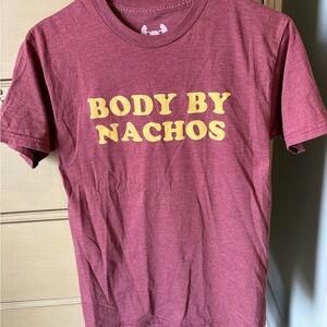 Maroon “Body by Nachos” tee with yellow print